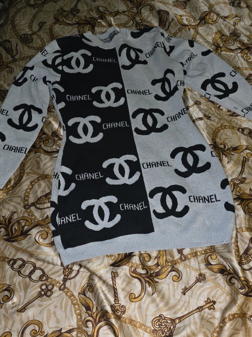 CHANEL Black and Gray Logo Knit Sweater Dress
